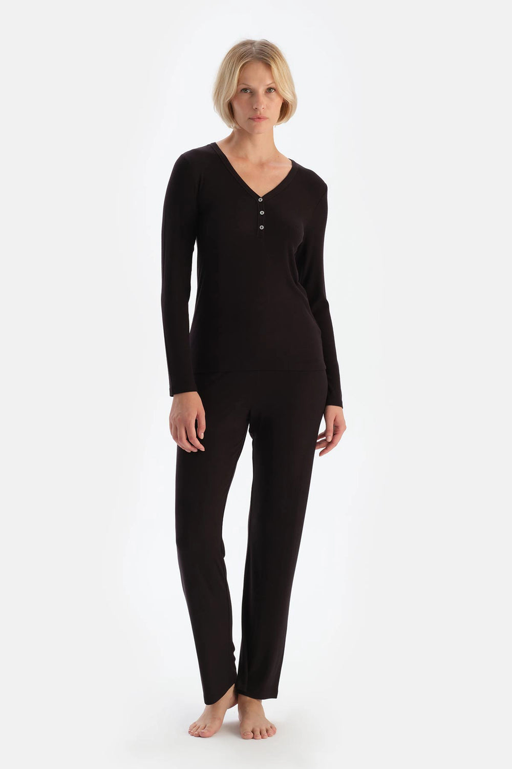 Koyu Kahve Uzun Kollu Kaşkorse Pijama Takımı