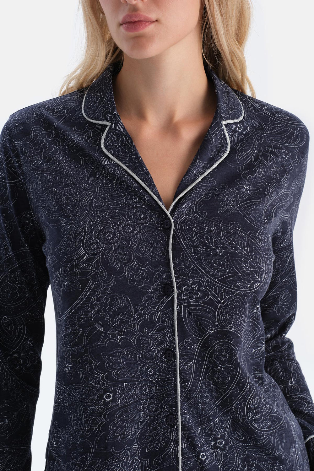 Lacivert Şal Desenli Penye Modal Gömlek Yaka Pijama Takımı