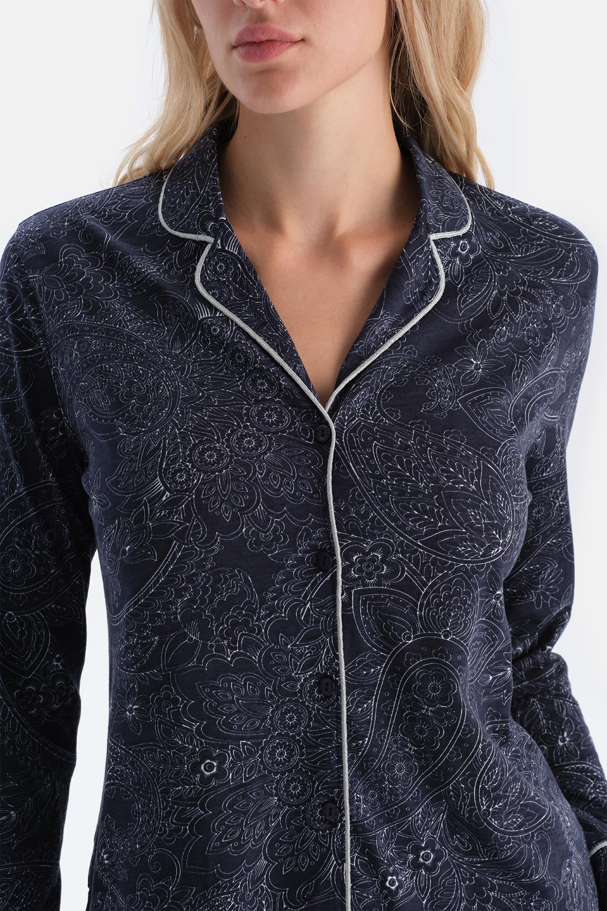 Lacivert Şal Desenli Penye Modal Gömlek Yaka Pijama Takımı