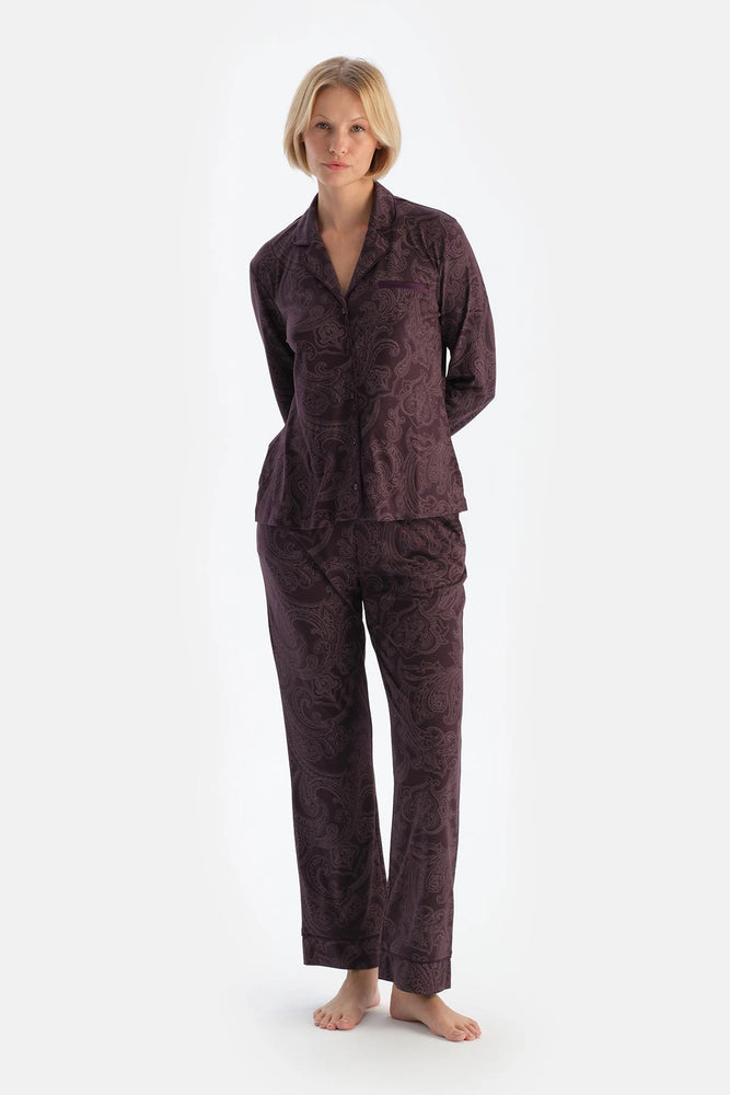 Mürdüm Şal Desenli Penye Modal Pijama Takımı