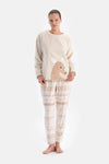 Ekru Geyikli Altı Metraj Baskılı Pijama Takımı