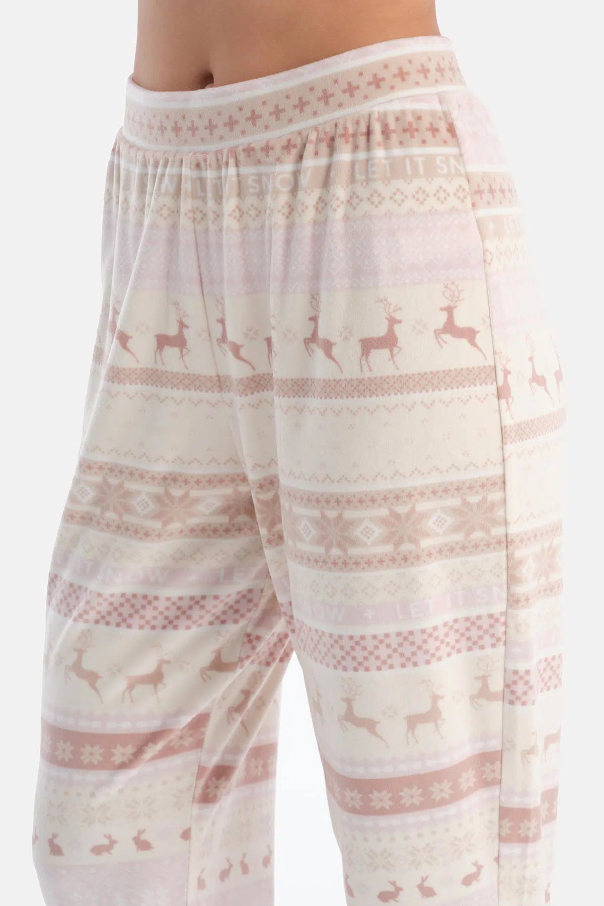 Ekru Geyikli Altı Metraj Baskılı Pijama Takımı