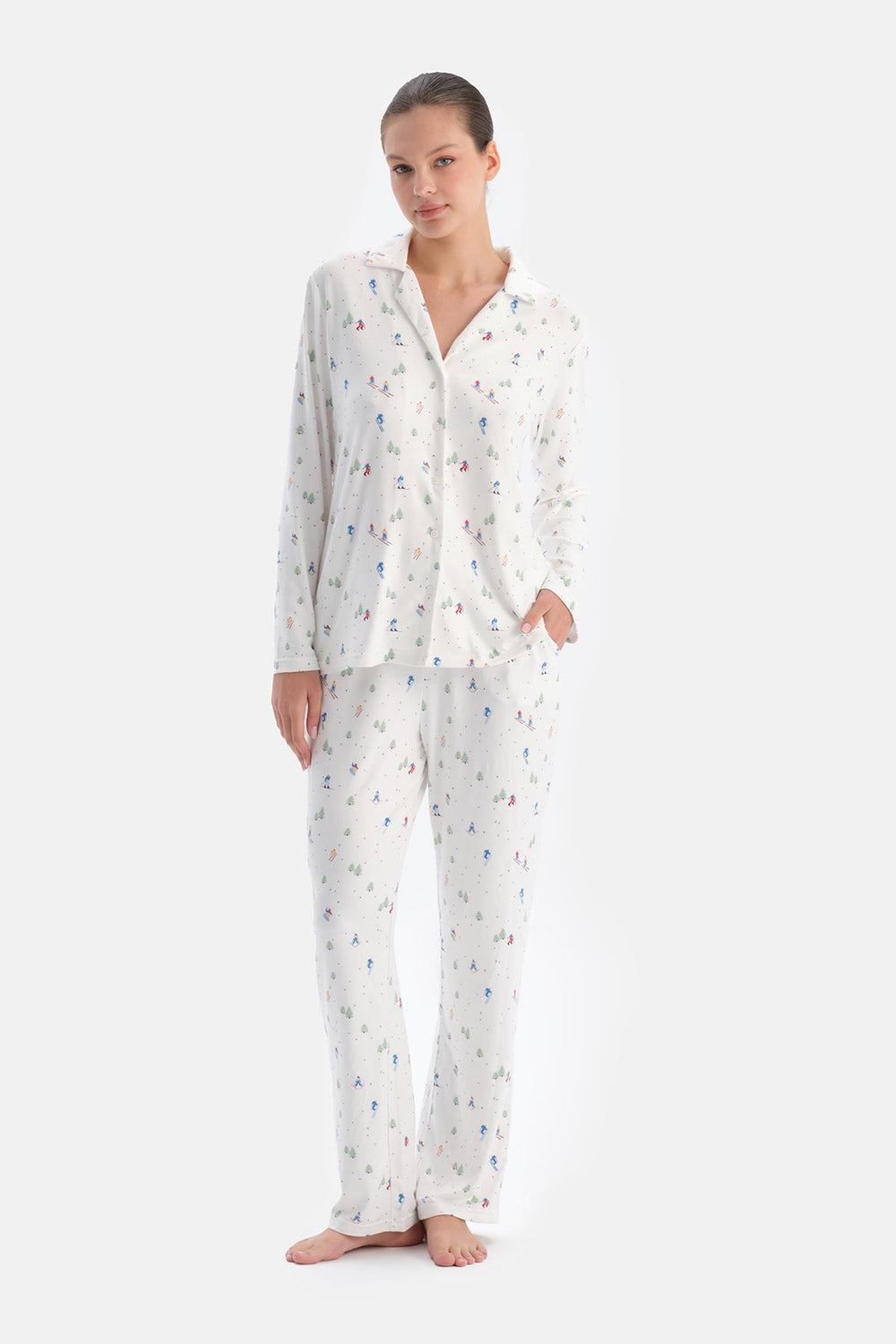 Ekru Metraj Baskılı Termal Gömlek Pantolon Pijama Takımı