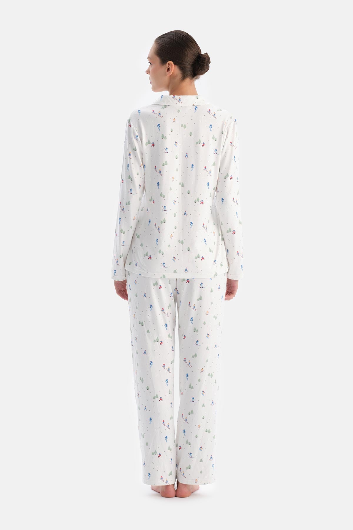 Ekru Metraj Baskılı Termal Gömlek Pantolon Pijama Takımı