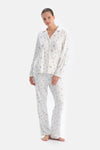 Ekru Metraj Baskılı Termal Gömlek Pantolon Pijama Takımı