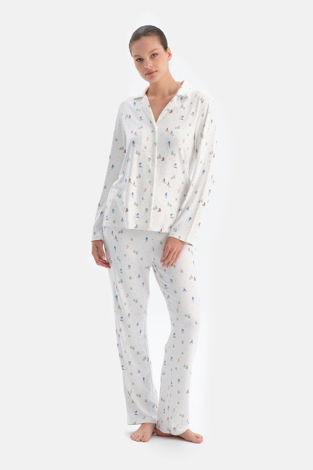 Ekru Metraj Baskılı Termal Gömlek Pantolon Pijama Takımı