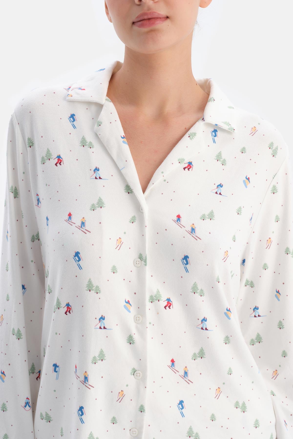 Ekru Metraj Baskılı Termal Gömlek Pantolon Pijama Takımı