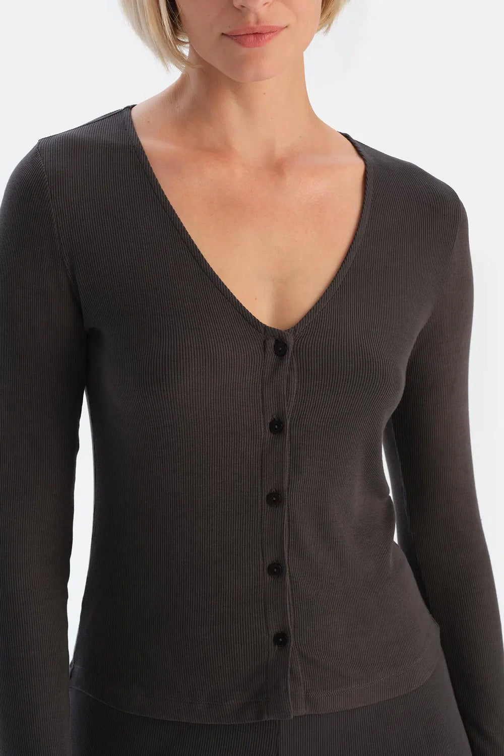 Antrasıt U Yaka Düğmeli Kaşkorse Pijama Takımı