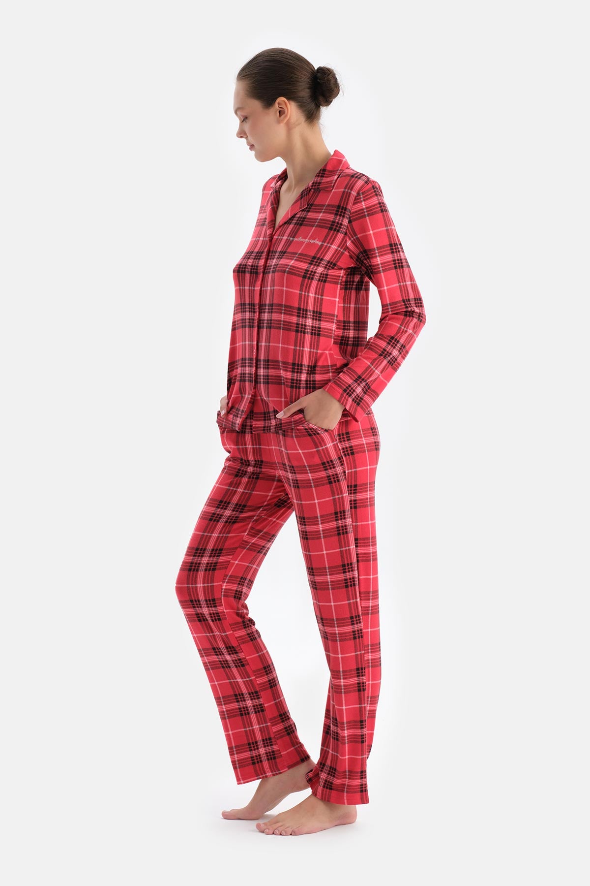 Kırmızı Ekoseli Termal Gömlek Pantolon Pijama Takımı