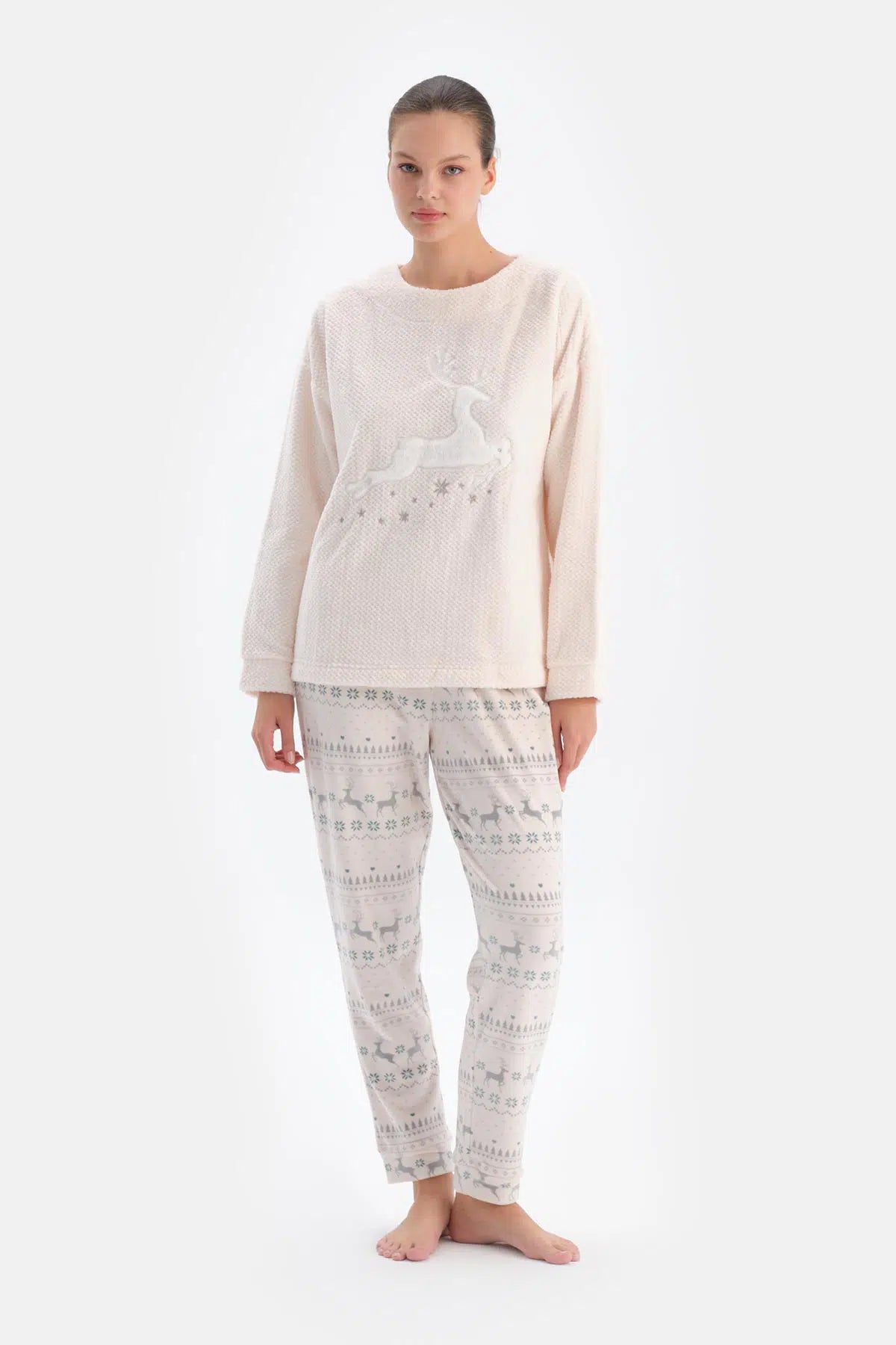 Soft Pembe Soft Geyikli Altı Metraj Baskılı Pijama Takımı