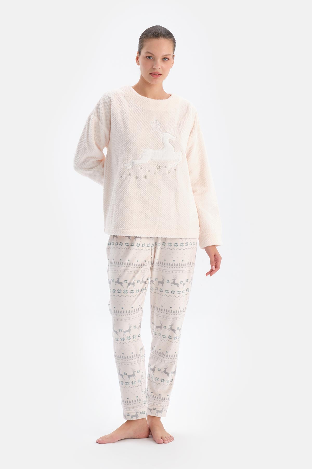Soft Pembe Soft Geyikli Altı Metraj Baskılı Pijama Takımı