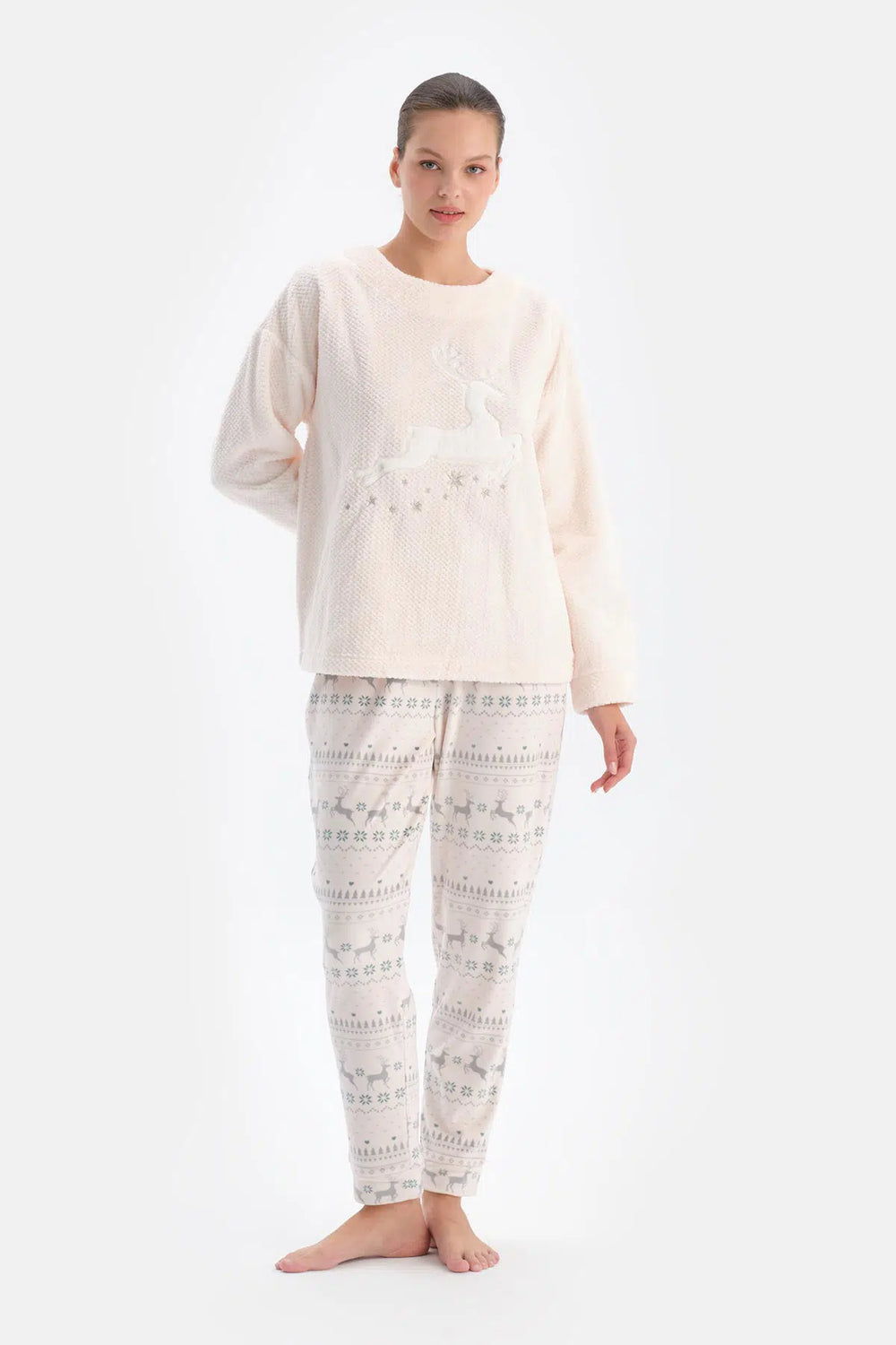 Soft Pembe Soft Geyikli Altı Metraj Baskılı Pijama Takımı