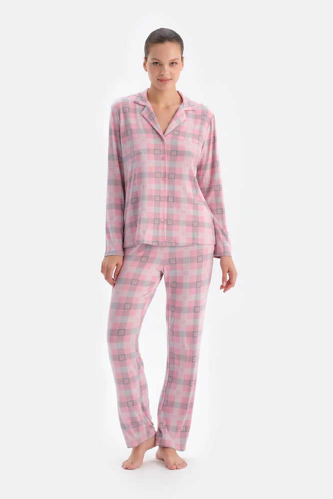 Soft Pembe Soft Ekoseli Termal Gömlek Pantolon Pijama Takımı
