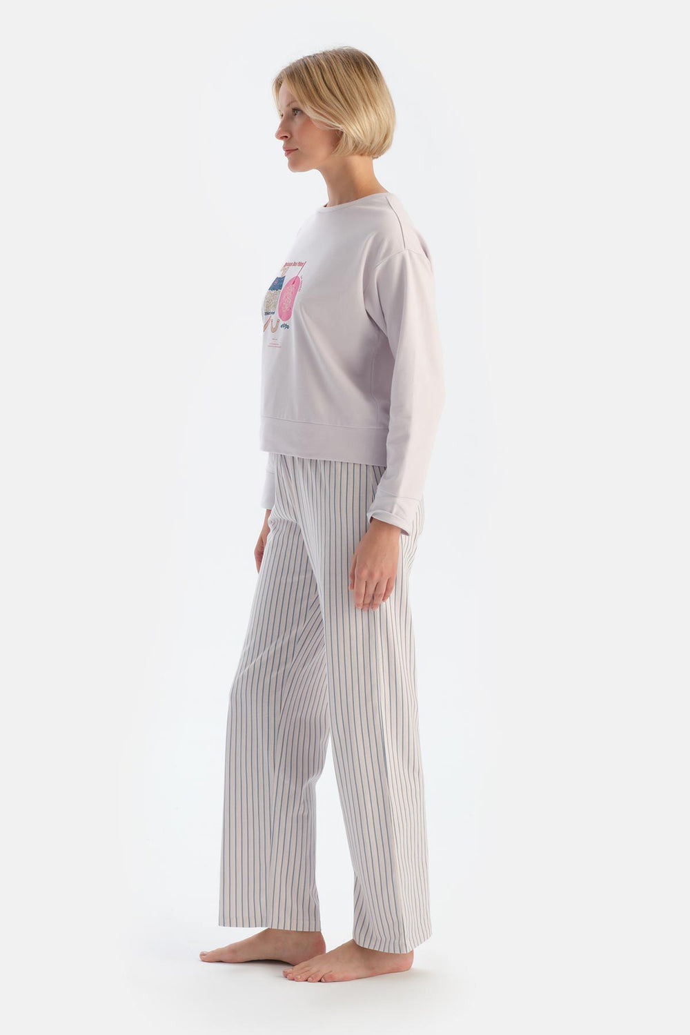 Açık Lila Baskı Detaylı Uzun Kollu Pijama Takımı