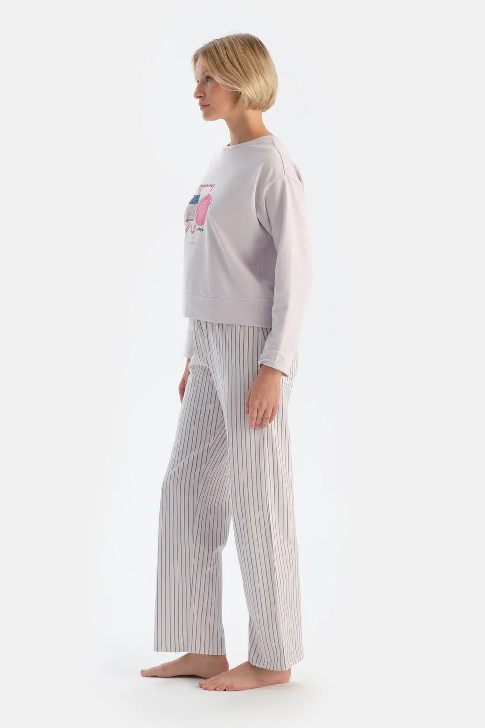 Açık Lila Baskı Detaylı Uzun Kollu Pijama Takımı