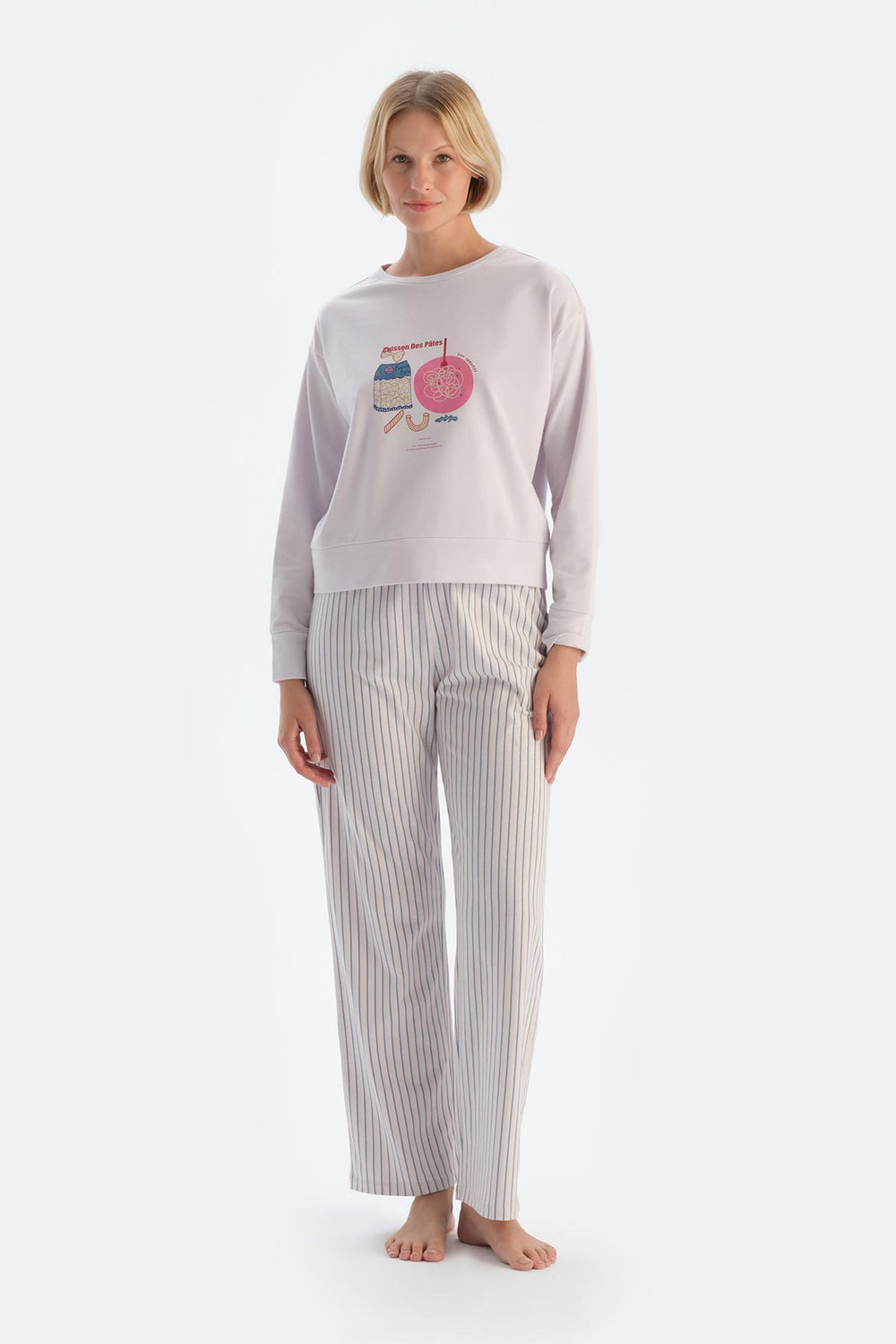 Açık Lila Baskı Detaylı Uzun Kollu Pijama Takımı