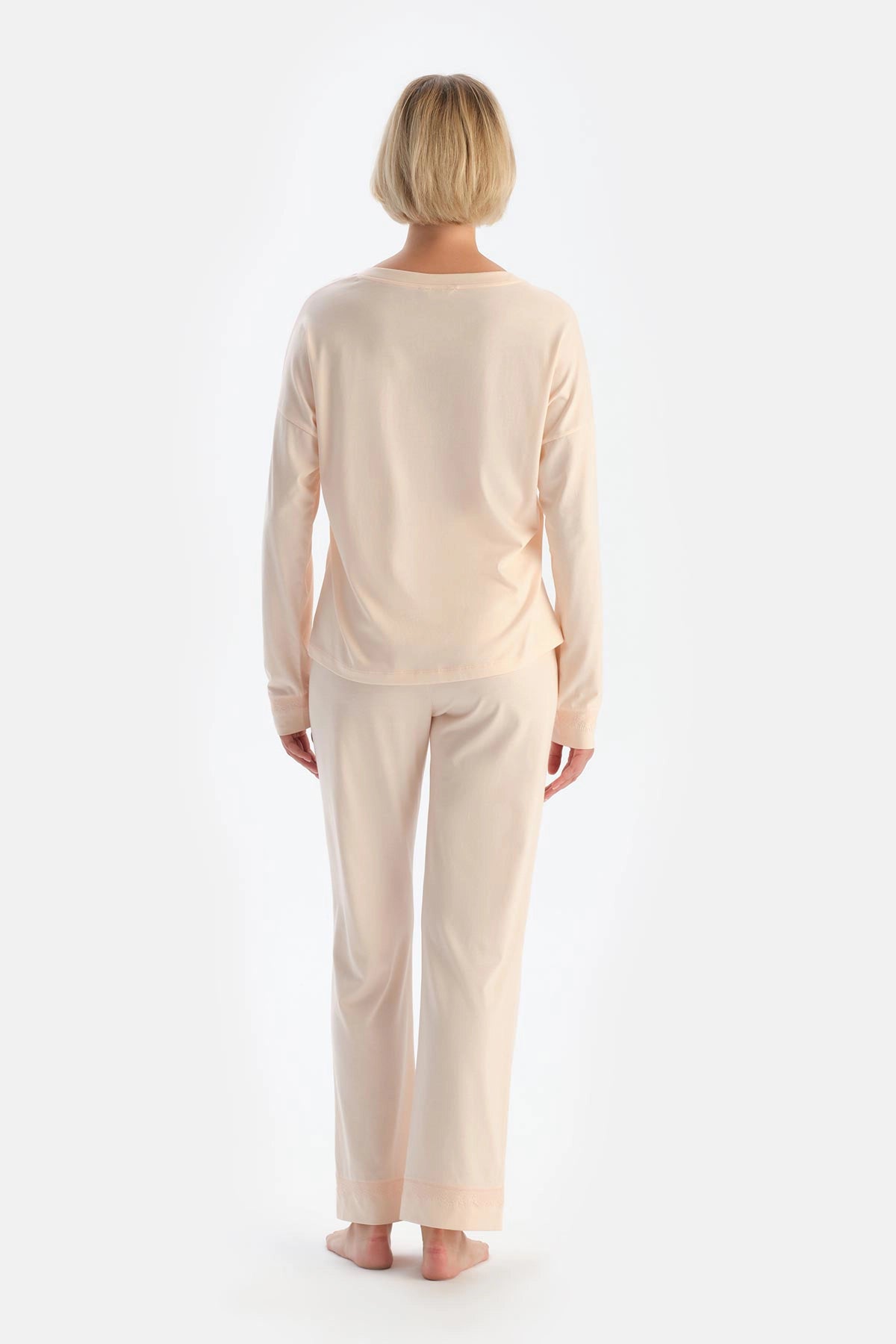 Pudra Kayık Yaka Dantel Detaylı Penye Modal Pijama Takımı