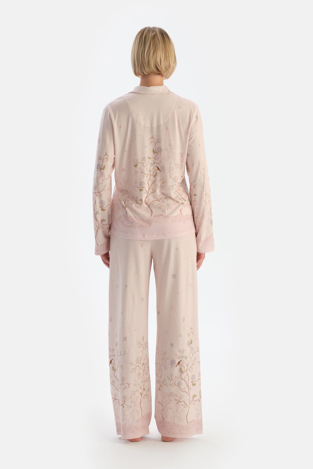 Açık Pembe Çiçek Desenli Penye Modal Pijama Takımı