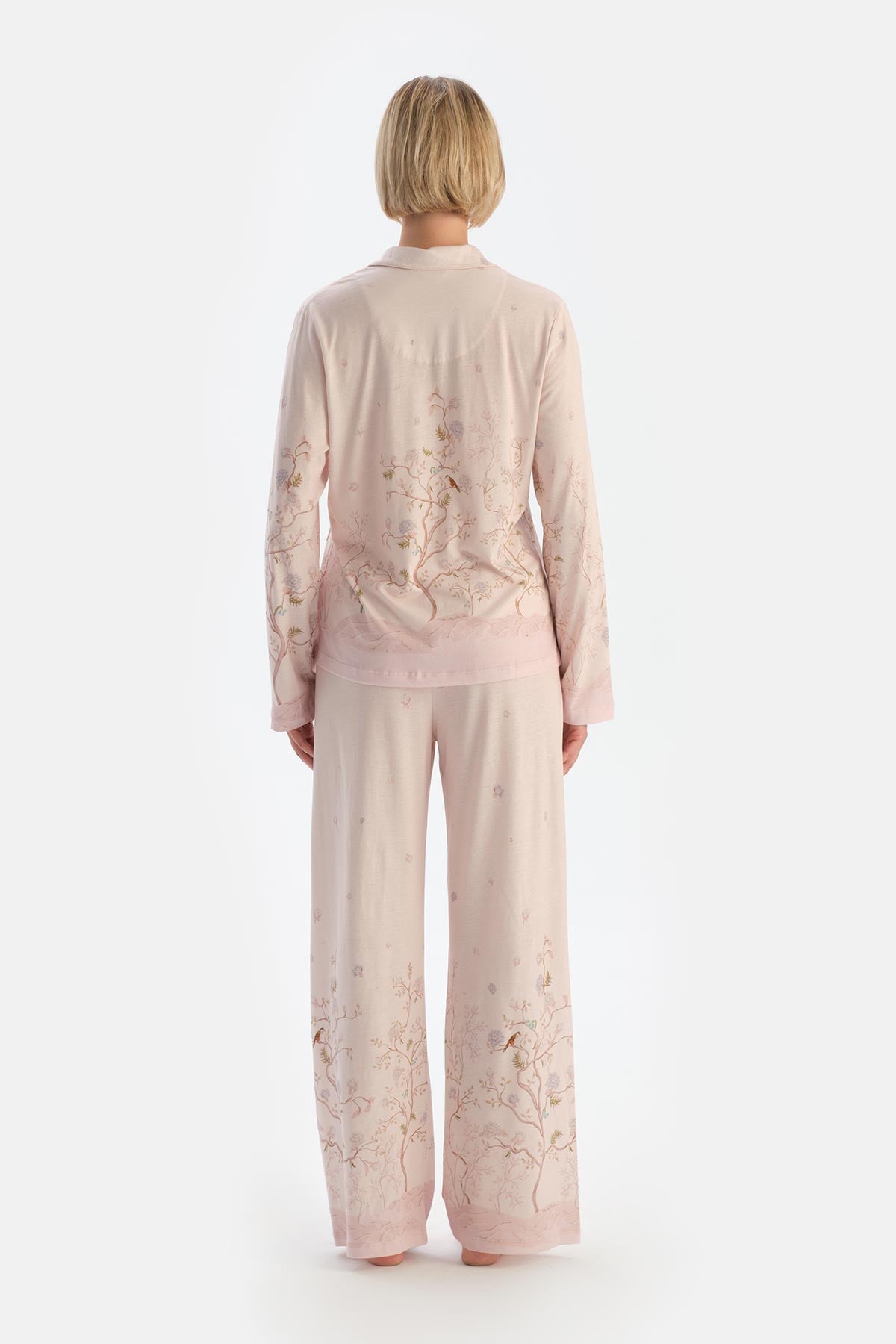 Açık Pembe Çiçek Desenli Penye Modal Pijama Takımı