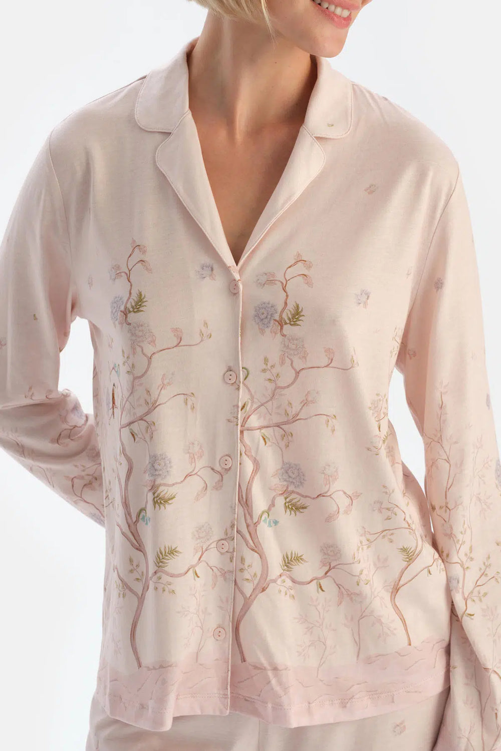 Açık Pembe Çiçek Desenli Penye Modal Pijama Takımı