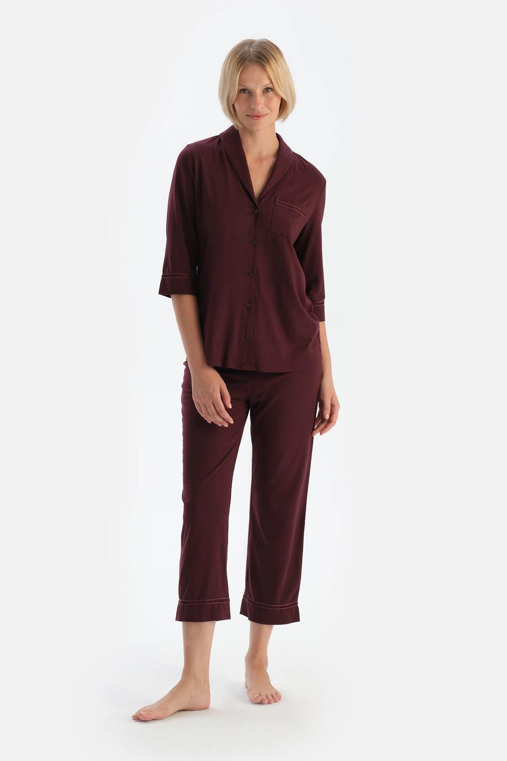 Bordo Biye Detaylı Cepli Penye Modal Pijama Takımı