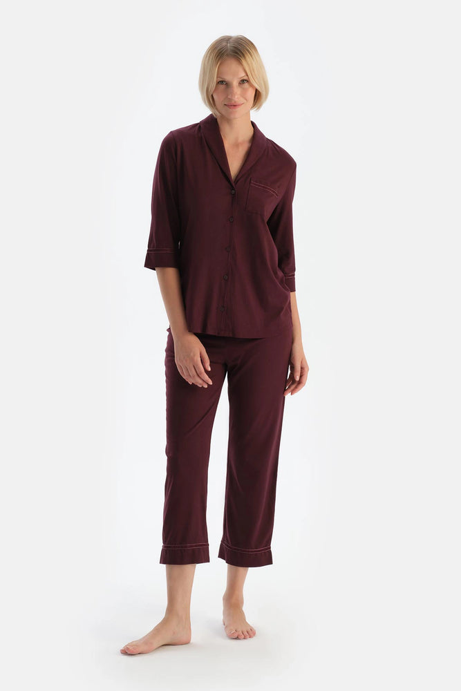 Bordo Biye Detaylı Cepli Penye Modal Pijama Takımı