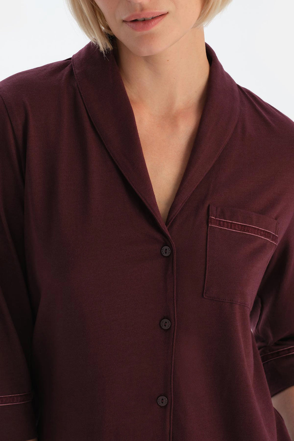 Bordo Biye Detaylı Cepli Penye Modal Pijama Takımı