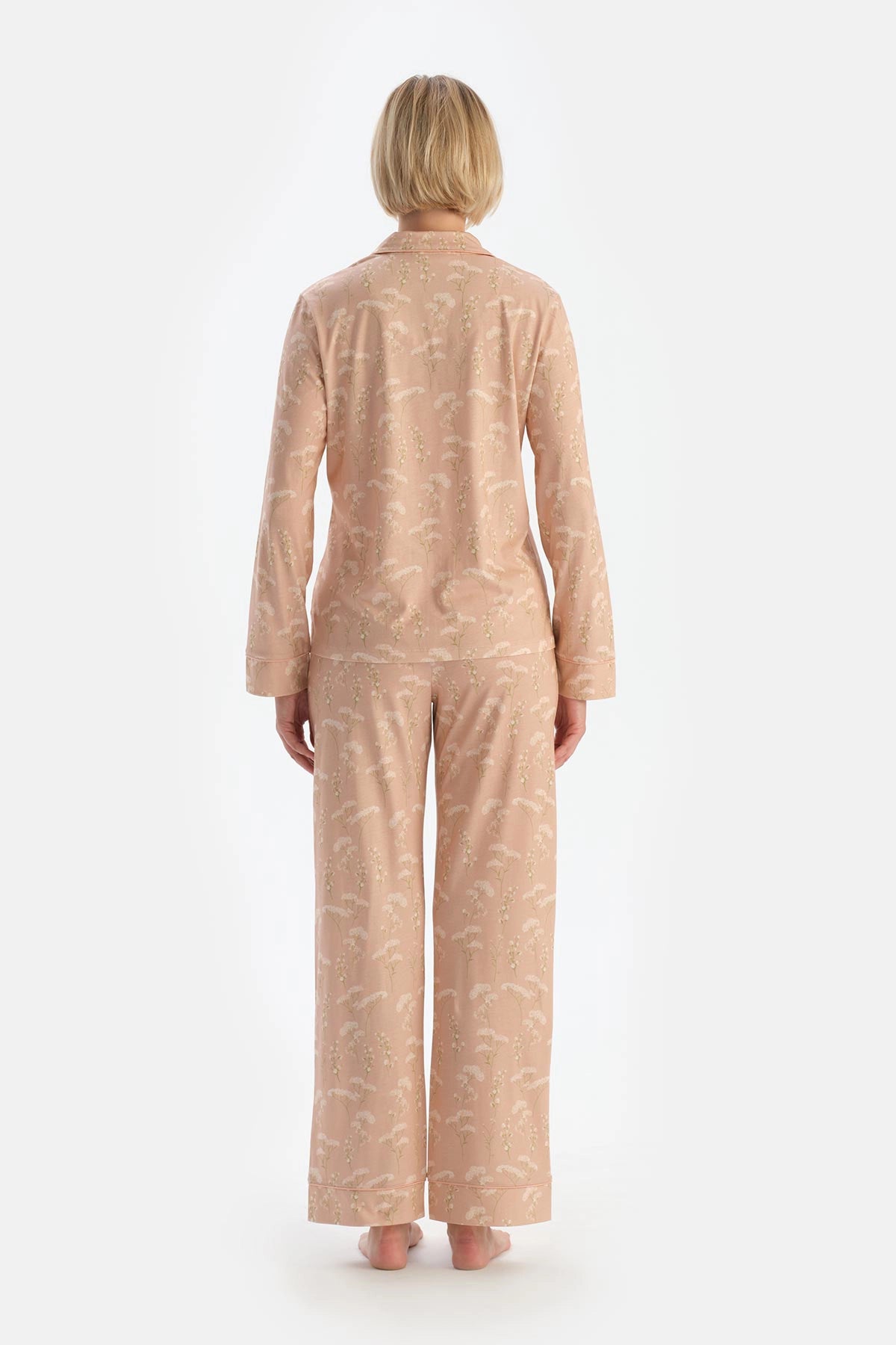 Açık Somon Çiçek Desenli Penye Modal Pijama Takımı