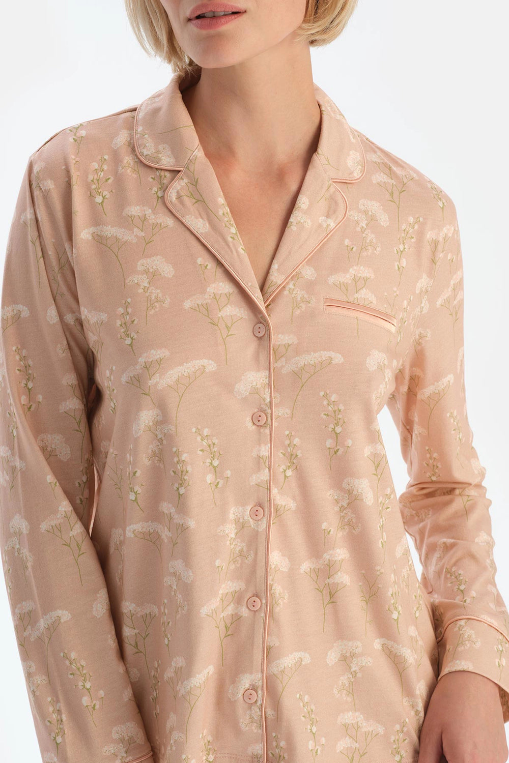 Açık Somon Çiçek Desenli Penye Modal Pijama Takımı