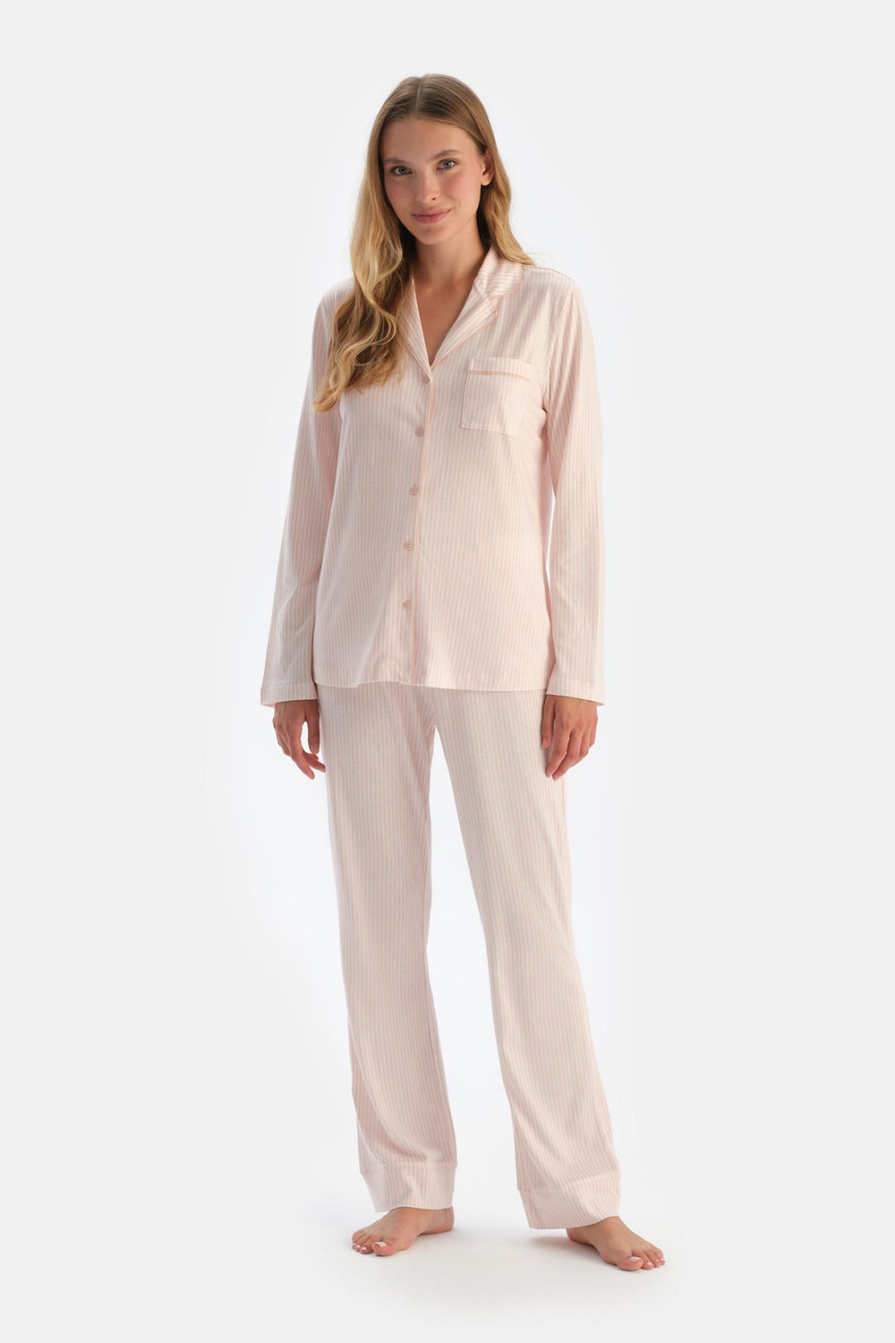 Açık Pembe Çizgili Penye Modal Pijama Takımı