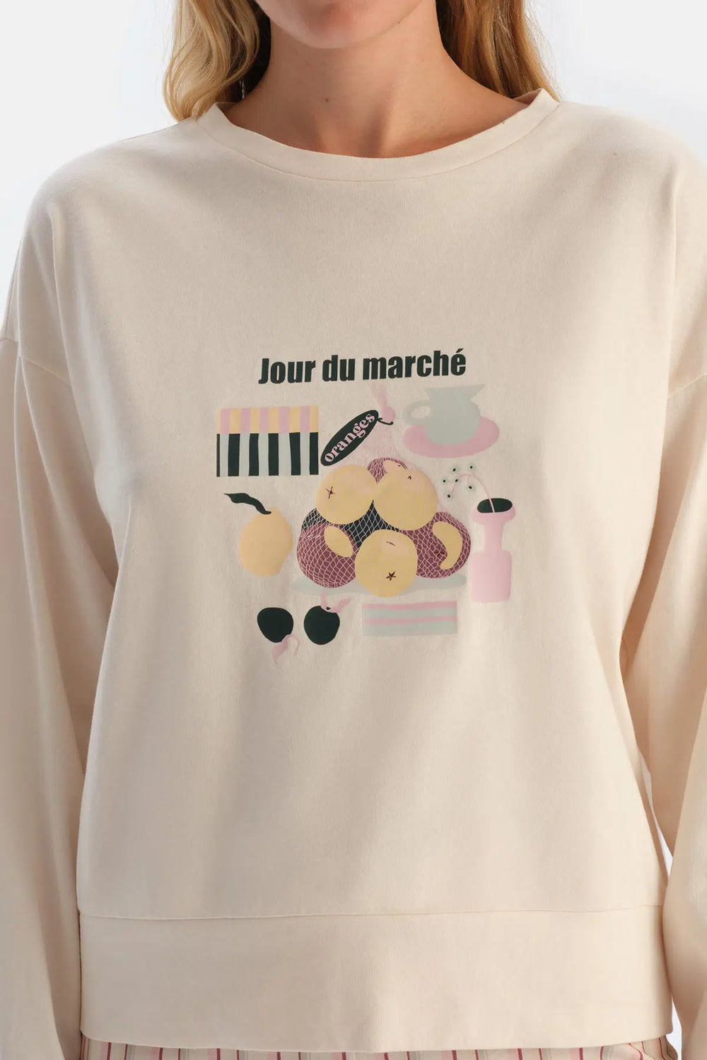 Ekru Baskı Detaylı Uzun Kollu Tişört Pantolon Pijama Takımı