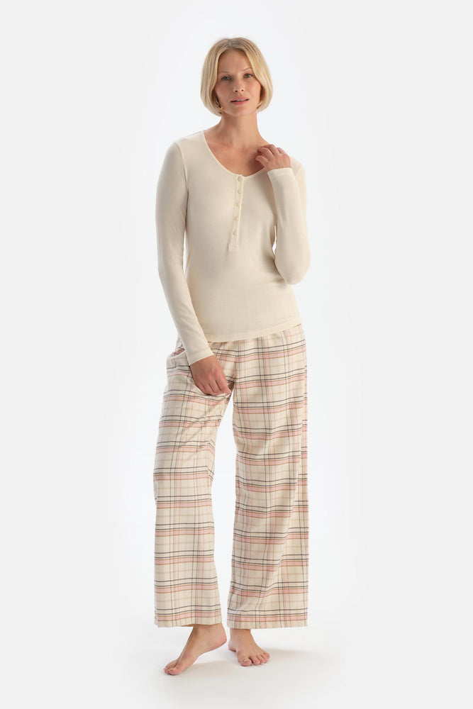 Ekru Kaşkorse Ekose Dokuma Pamuklu Pijama Takımı