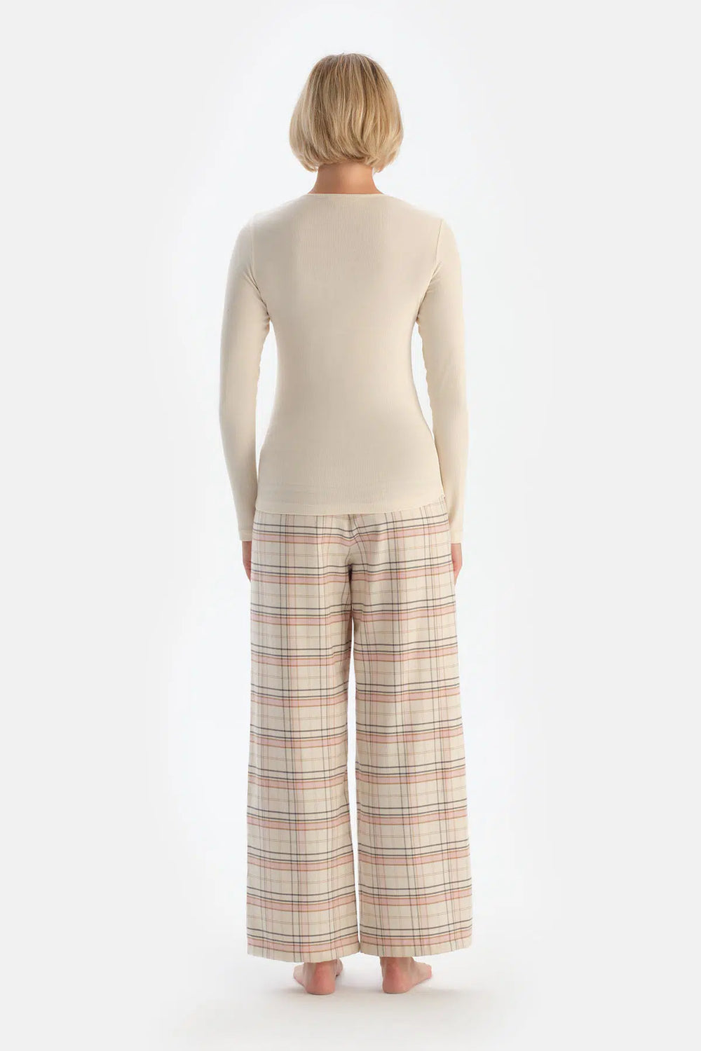 Ekru Kaşkorse Ekose Dokuma Pamuklu Pijama Takımı