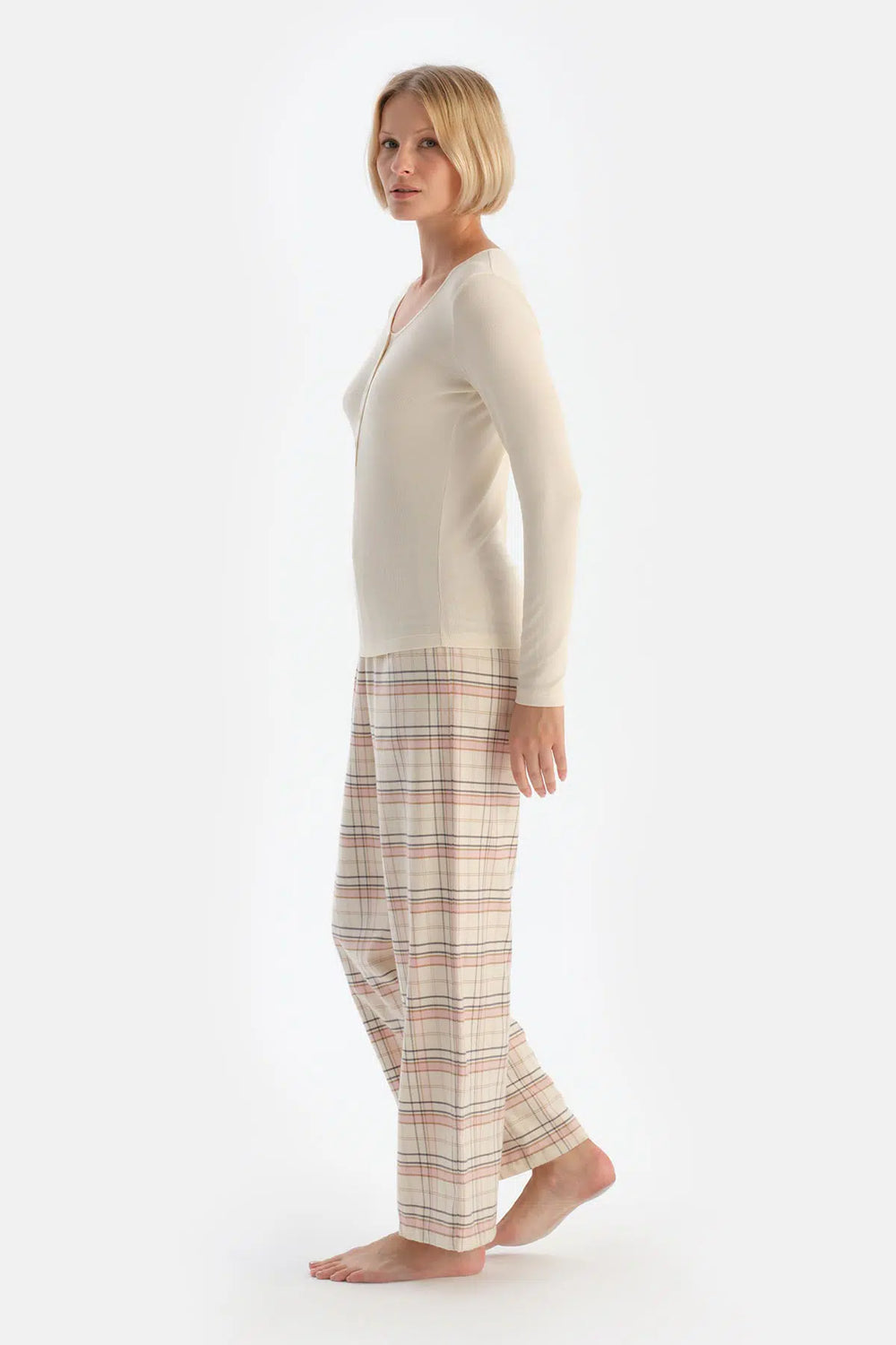 Ekru Kaşkorse Ekose Dokuma Pamuklu Pijama Takımı
