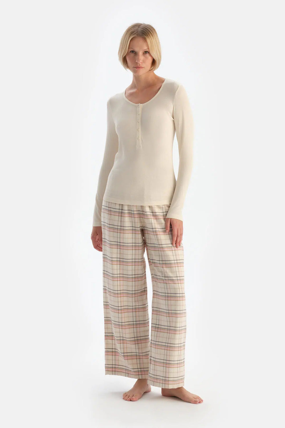 Ekru Kaşkorse Ekose Dokuma Pamuklu Pijama Takımı