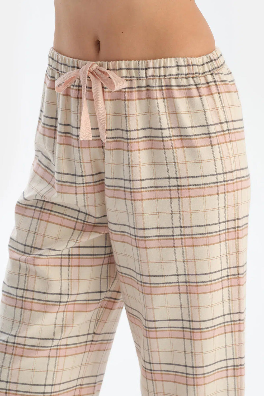 Ekru Kaşkorse Ekose Dokuma Pamuklu Pijama Takımı