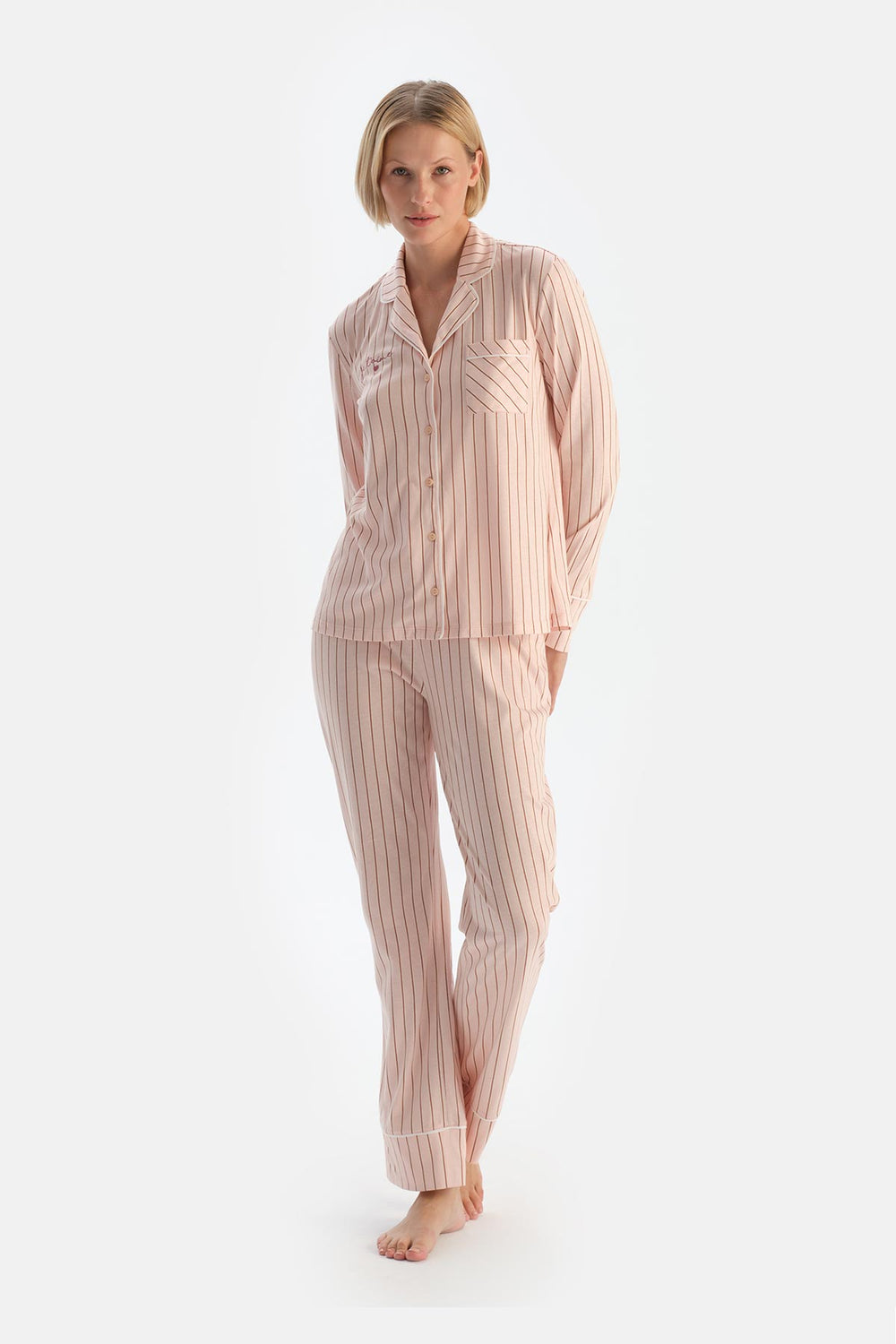 Açık Pembe Çizgili Penye Modal Pijama Takımı
