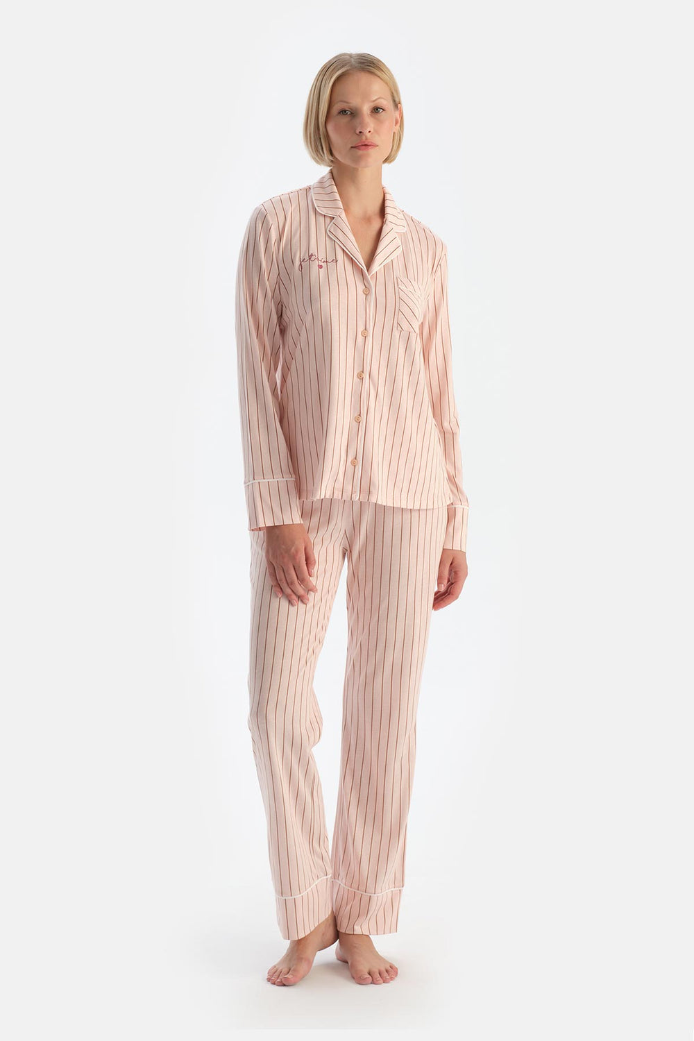 Açık Pembe Çizgili Penye Modal Pijama Takımı