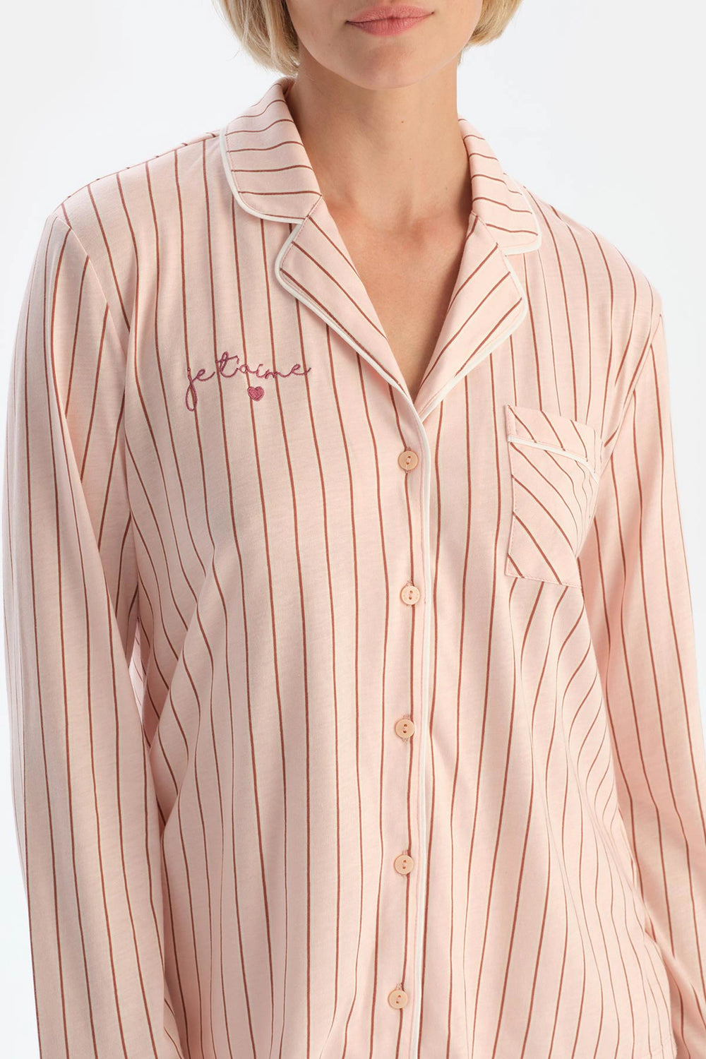 Açık Pembe Çizgili Penye Modal Pijama Takımı