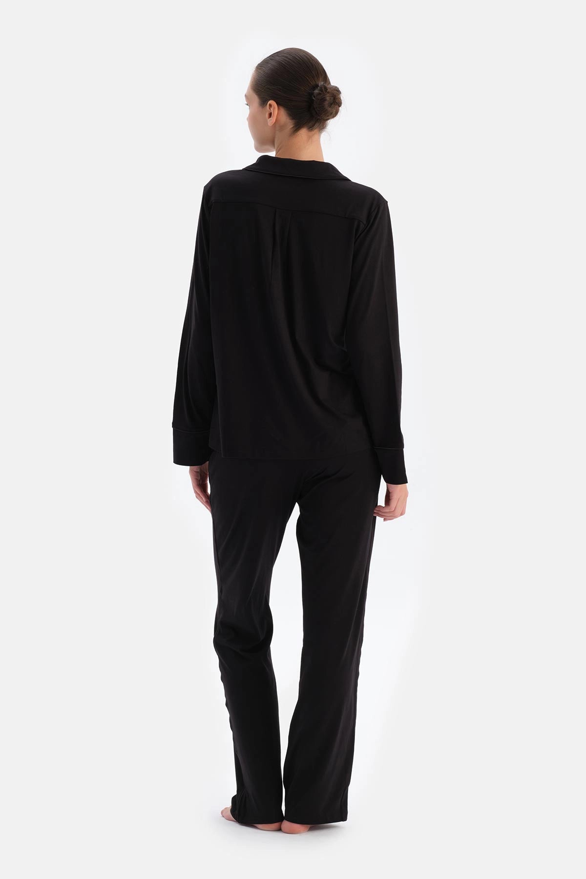 Siyah Biye Detaylı Gömlek Pantolon Pijama Takımı
