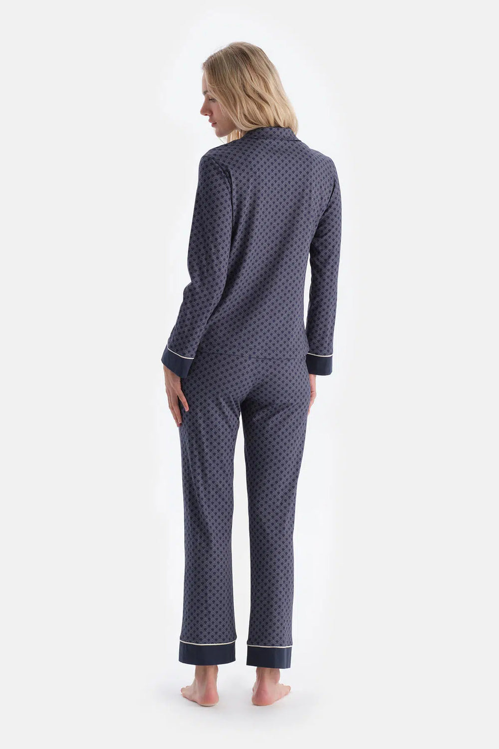 Lacivert Geometrik Desenli Penye Modal Gömlek Yaka Pijama Takımı