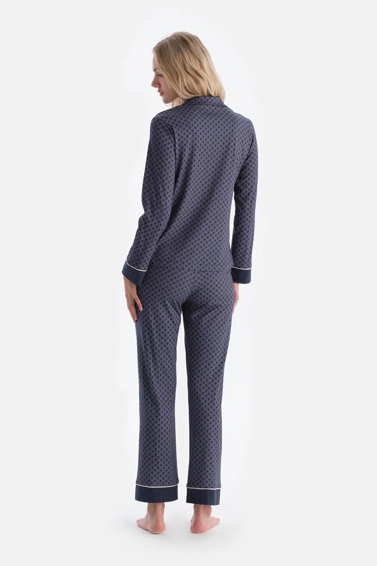 Lacivert Geometrik Desenli Penye Modal Gömlek Yaka Pijama Takımı