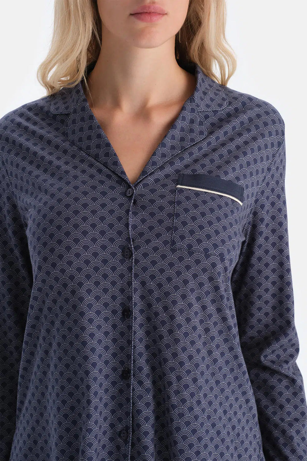 Lacivert Geometrik Desenli Penye Modal Gömlek Yaka Pijama Takımı