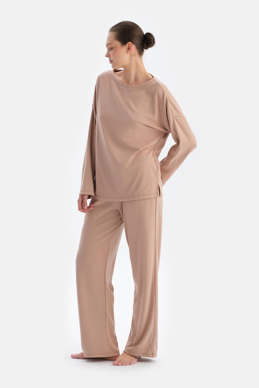 Sütlü Kahve Bisiklet Yaka Düşük Omuz Cellıant Pijama Takımı