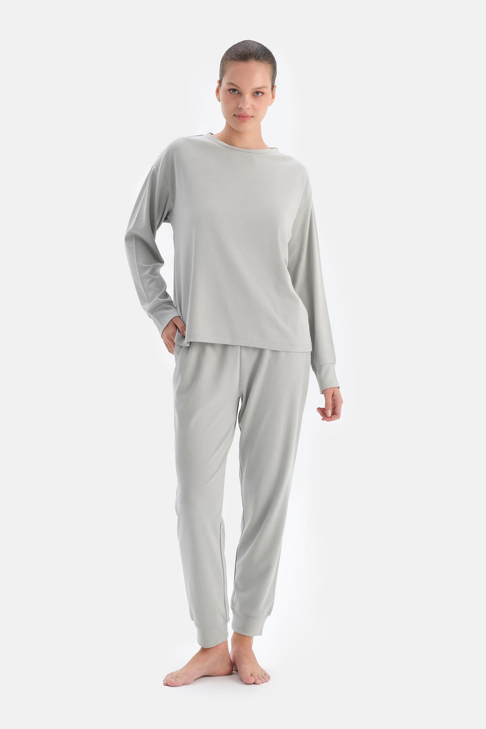 Gri Bisiklet Yaka Jogger Paça Cellıant Pijama Takımı