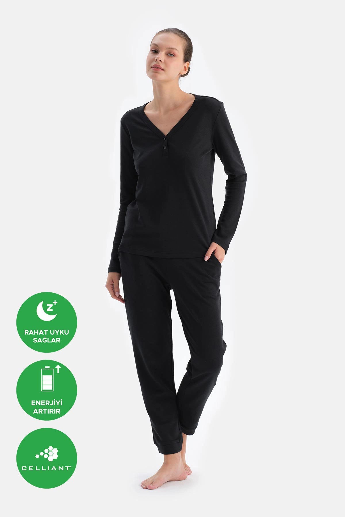 Siyah V Yaka Jogger Paça Cellıant Pijama Takımı