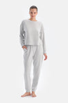 Gri Melanj Bisiklet Yaka Uzun Kollu Jogger Pantolonlu Pijama Takımı