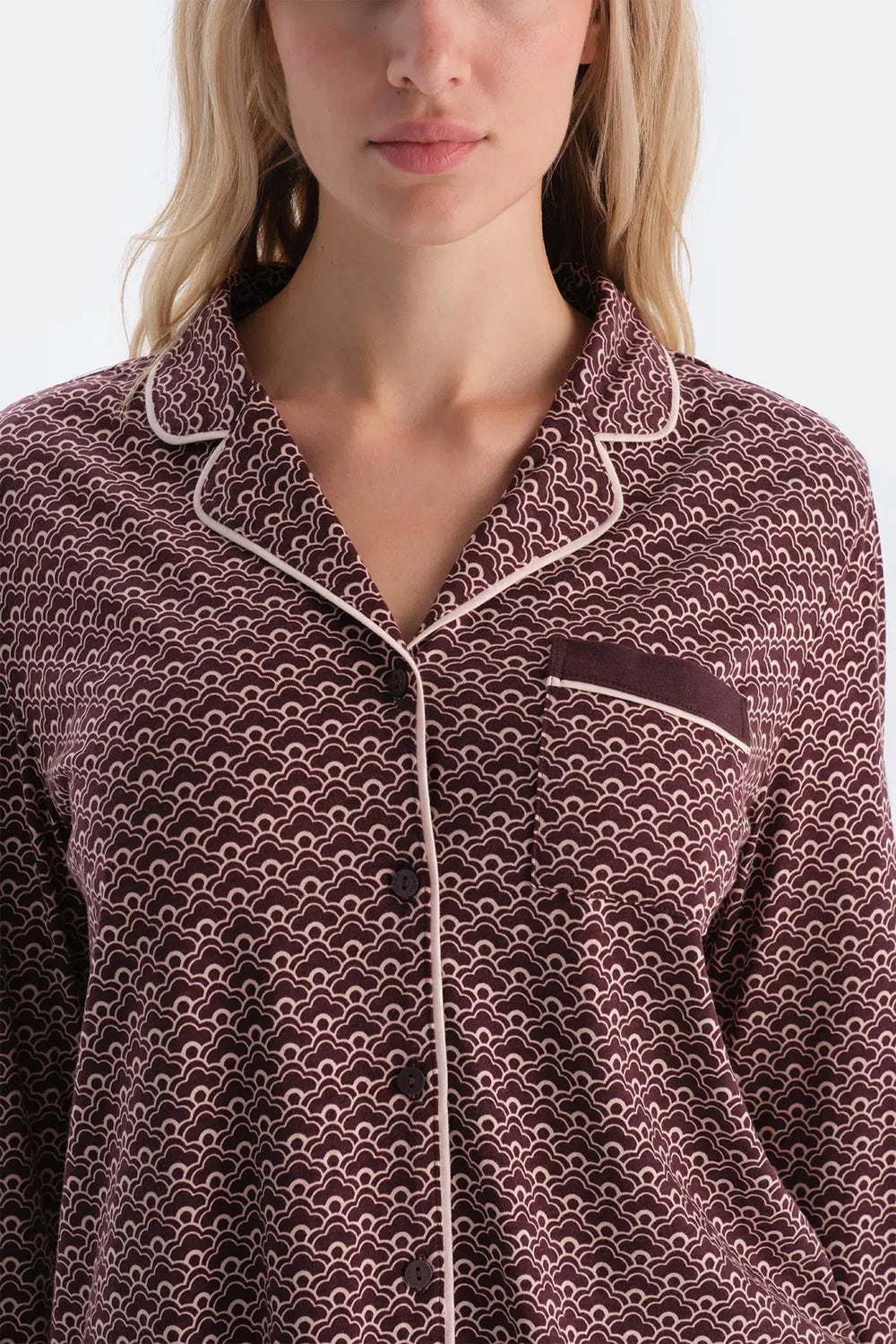 Bordo Geometrik Desenli Penye Modal Gömlek Yaka Pijama Takımı