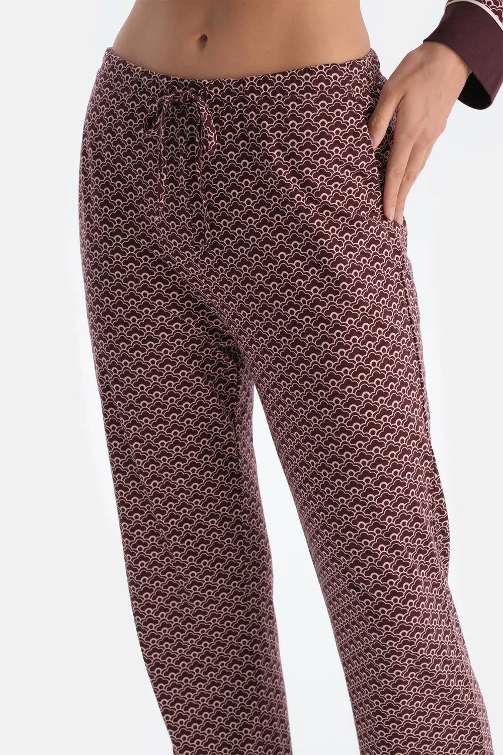 Bordo Geometrik Desenli Penye Modal Gömlek Yaka Pijama Takımı