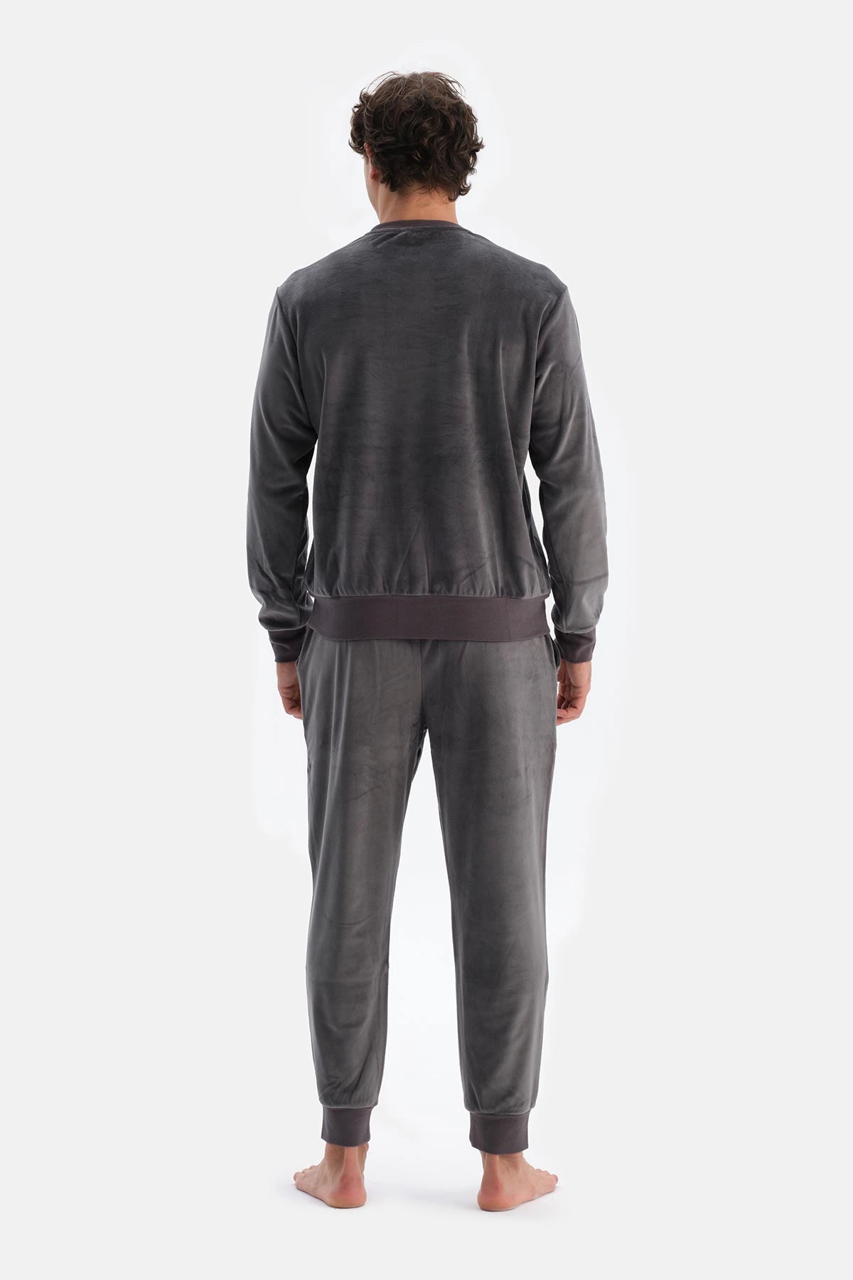 Antrasıt Bisiklet Yaka Uzun Kollu Tişört Pantolon Pijama Takımı